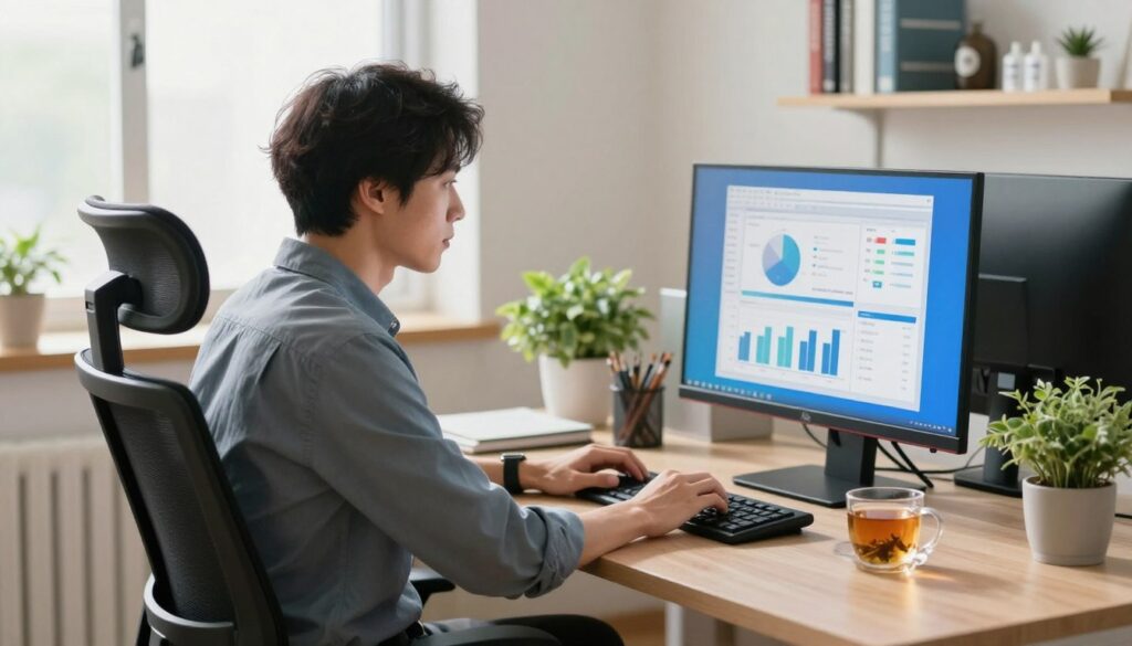 A focused office scene featuring a person working diligently at a computer. In the foreground, a professional individual in smart casual attire sits in a modern ergonomic chair, leaning slightly towards the monitor, which displays graphs and charts. The desk is organized, with a blue light filter screen in place and a cup of herbal tea nearby, suggesting a healthy work habit. In the middle ground, soft natural light filters through a window, illuminating the workspace and highlighting a small indoor plant, creating a calm atmosphere. The background shows shelves with books on eye health and wellness, enhancing the theme of improving vision during computer work. The mood should convey productivity, concentration, and a healthy work environment.