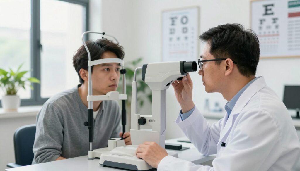 A focused ophtalmologist examining a patient's eyes in a bright, modern clinic. The foreground shows the doctor, wearing a white coat and glasses, intently looking through an autorefractor, with various ophthalmic instruments nearby. In the middle, the patient is seated comfortably, looking slightly concerned, as they undergo an eye exam. The background features soft, natural lighting filtering through large windows, plants adding a calming touch to the atmosphere, and a display of eye charts and educational posters relevant to eye health. The mood is professional and reassuring, emphasizing the importance of eye care in relation to sudden vision deterioration. The image should convey a sense of urgency and expertise, highlighting the focus on eye health. A focused ophtalmologist examining a patient's eyes in a bright, modern clinic. The foreground shows the doctor, wearing a white coat and glasses, intently looking through an autorefractor, with various ophthalmic instruments nearby. In the middle, the patient is seated comfortably, looking slightly concerned, as they undergo an eye exam. The background features soft, natural lighting filtering through large windows, plants adding a calming touch to the atmosphere, and a display of eye charts and educational posters relevant to eye health. The mood is professional and reassuring, emphasizing the importance of eye care in relation to sudden vision deterioration. The image should convey a sense of urgency and expertise, highlighting the focus on eye health.