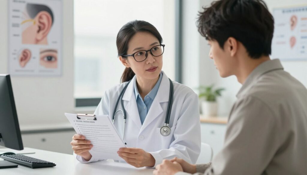 A focused, professional doctor in a modern clinic setting, holding a patient checklist, surrounded by medical diagrams on the walls that illustrate ear and eye symptoms. The doctor, a middle-aged woman in a white lab coat and smart glasses, is attentively explaining the checklist to a patient, a young man dressed in business casual attire, who appears engaged and curious. In the background, bright, natural light streams through large windows, creating a warm and inviting atmosphere. The foreground should include a visible checklist with bullet points, emphasizing a systematic approach to describing symptoms. The overall mood should convey professionalism, clarity, and support, reflecting the importance of effective communication in healthcare.