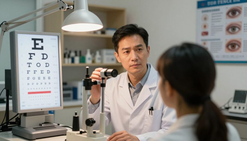 A focused view of an ophthalmologist's consultation room, emphasizing the assessment of visual acuity. In the foreground, a close-up of an eye chart featuring letters of various sizes, illuminated gently by a focused desk lamp, highlighting the importance of precision in vision tests. In the middle, a professional optometrist wearing a white lab coat, holding a phoropter, with a serious yet empathetic expression as they prepare to examine a patient. In the background, shelves filled with various ophthalmic tools and educational posters about eye health, softly blurred to maintain a sense of depth. The lighting is warm and inviting, creating an atmosphere of professionalism and care, ultimately conveying the critical theme of eye examination and visual clarity. A focused view of an ophthalmologist's consultation room, emphasizing the assessment of visual acuity. In the foreground, a close-up of an eye chart featuring letters of various sizes, illuminated gently by a focused desk lamp, highlighting the importance of precision in vision tests. In the middle, a professional optometrist wearing a white lab coat, holding a phoropter, with a serious yet empathetic expression as they prepare to examine a patient. In the background, shelves filled with various ophthalmic tools and educational posters about eye health, softly blurred to maintain a sense of depth. The lighting is warm and inviting, creating an atmosphere of professionalism and care, ultimately conveying the critical theme of eye examination and visual clarity.