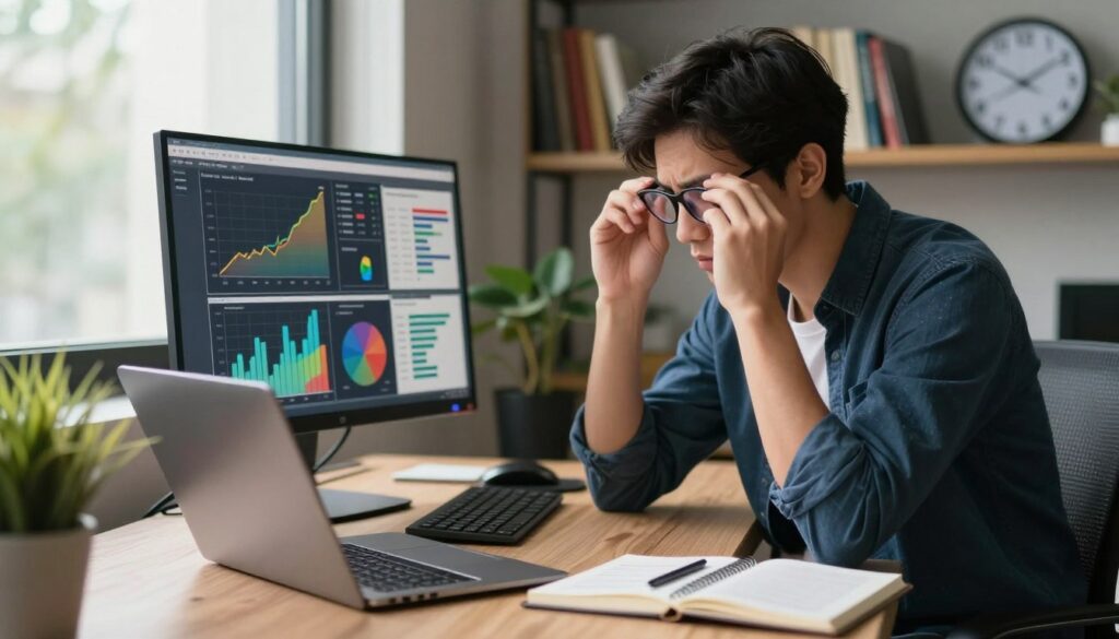 A focused young professional at a modern workstation, illuminated by soft natural light from a nearby window, displaying a computer screen filled with vibrant graphs and charts. The person, wearing smart casual attire, leans slightly forward, showing concentration while adjusting their glasses. In the foreground, a sleek laptop, a notebook with notes, and a plant add depth to the workspace. The middle ground features the individual closely engaged with the screen, emphasizing the theme of screen time stress. The background includes shelves filled with books and a digital clock displaying the time, conveying a sense of time passing and the importance of eye care. The atmosphere is bustling yet productive, highlighting both the positive and potential negative impacts of prolonged screen use. A focused young professional at a modern workstation, illuminated by soft natural light from a nearby window, displaying a computer screen filled with vibrant graphs and charts. The person, wearing smart casual attire, leans slightly forward, showing concentration while adjusting their glasses. In the foreground, a sleek laptop, a notebook with notes, and a plant add depth to the workspace. The middle ground features the individual closely engaged with the screen, emphasizing the theme of screen time stress. The background includes shelves filled with books and a digital clock displaying the time, conveying a sense of time passing and the importance of eye care. The atmosphere is bustling yet productive, highlighting both the positive and potential negative impacts of prolonged screen use.