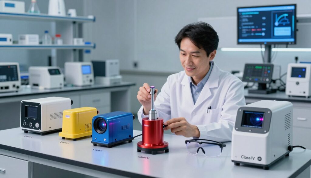 A high-tech laboratory scene focused on various classes of lasers on a sleek, modern table. In the foreground, several distinct laser units are displayed, labeled by their class (Class I to Class IV) with vivid colors and sleek designs, emphasizing their functionality. In the middle, a friendly, professional scientist in a lab coat examines one of the lasers with a focused look, surrounded by high-tech equipment and safety goggles on the table. The background features blurred lab shelves, filled with scientific equipment and an illuminated digital screen showing laser safety guidelines. Soft, bright, diffused lighting casts gentle reflections on the surfaces, creating a clean and informative atmosphere that conveys both the wonder and caution associated with lasers and eye safety. A high-tech laboratory scene focused on various classes of lasers on a sleek, modern table. In the foreground, several distinct laser units are displayed, labeled by their class (Class I to Class IV) with vivid colors and sleek designs, emphasizing their functionality. In the middle, a friendly, professional scientist in a lab coat examines one of the lasers with a focused look, surrounded by high-tech equipment and safety goggles on the table. The background features blurred lab shelves, filled with scientific equipment and an illuminated digital screen showing laser safety guidelines. Soft, bright, diffused lighting casts gentle reflections on the surfaces, creating a clean and informative atmosphere that conveys both the wonder and caution associated with lasers and eye safety.