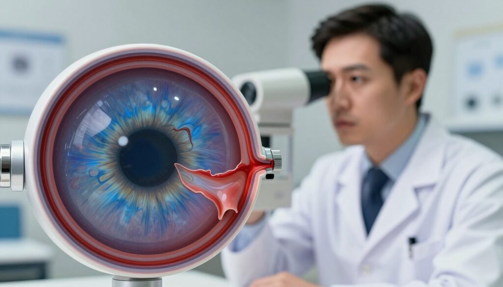 A medical illustration depicting retinal detachment. In the foreground, an anatomically accurate cross-section of an eye, showcasing the retina pulling away from the underlying tissue. The retina should be detailed, showing layers and possible tears, colored in shades of blue and purple to signify distress. In the middle ground, a concerned eye doctor in a white coat, gazing intently into an eye examination device, focused on diagnosing the condition. In the background, a soft-focus medical office setting with neutral colors, conveying urgency and professionalism. The lighting should be bright and clinical, highlighting the eye model, creating a serious yet informative atmosphere. The image should not include any text or distractions, solely focusing on the critical nature of retinal detachment. A medical illustration depicting retinal detachment. In the foreground, an anatomically accurate cross-section of an eye, showcasing the retina pulling away from the underlying tissue. The retina should be detailed, showing layers and possible tears, colored in shades of blue and purple to signify distress. In the middle ground, a concerned eye doctor in a white coat, gazing intently into an eye examination device, focused on diagnosing the condition. In the background, a soft-focus medical office setting with neutral colors, conveying urgency and professionalism. The lighting should be bright and clinical, highlighting the eye model, creating a serious yet informative atmosphere. The image should not include any text or distractions, solely focusing on the critical nature of retinal detachment.