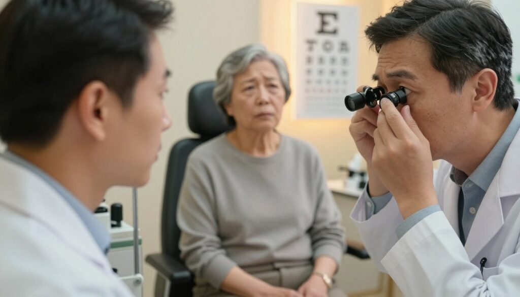 A medical professional examining an elderly patient in an eye clinic, both depicted with expressions of concern. The foreground features a close-up of the doctor's focused face, wearing a white coat and looking at the patient's eyes through a magnifying lens. In the middle ground, the patient, wearing modest casual clothing, sits in an examination chair, surrounded by various eye examination instruments, such as an eye chart and a phoropter. The background shows soft, warm lighting that creates a reassuring atmosphere, highlighting the seriousness of eye health. The composition is intimate, capturing the essence of urgency in the context of eye symptoms that require immediate attention.