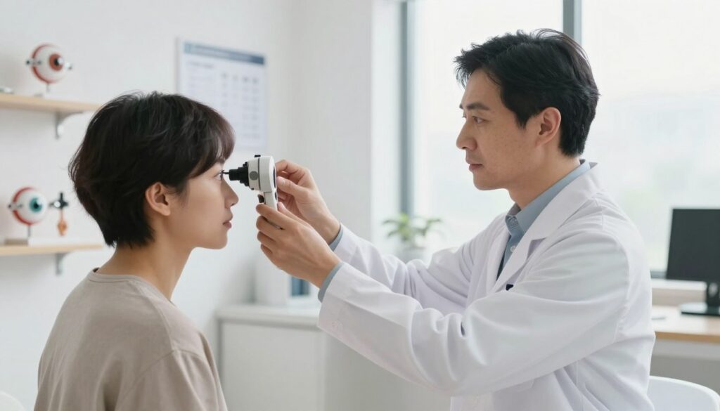 A medical professional in a white lab coat conducts an eye fixation test with a patient in a bright, modern clinic. In the foreground, the professional holds a vision testing device, intently observing the patient's eye movements. The patient, wearing modest casual clothing, sits comfortably, focusing on a target positioned on the wall. Soft, diffused natural light from large windows illuminates the room, creating a tranquil atmosphere. In the background, shelves with anatomical eye models and medical charts add context to the scene. The camera angle is slightly elevated, providing a clear view of both the professional's focused expression and the patient's engaged gaze, emphasizing the importance of eye fixation assessment in clinical practice.