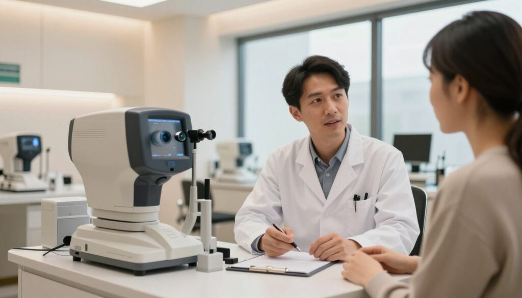 A modern eye correction clinic interior, featuring a sleek, contemporary design with soft, ambient lighting. In the foreground, a professional eye specialist in a white lab coat discusses treatment options with a patient, both looking engaged and attentive. The middle of the image shows various eye examination equipment, like tonometers and digital imaging devices, arranged neatly on a counter. In the background, large windows let in natural light, enhancing the welcoming atmosphere of the clinic. The overall mood is calm and reassuring, reflecting trust and professionalism. Capture this scene using a warm color palette to evoke a sense of friendliness and care, with a shallow depth of field to highlight the conversation between the specialist and patient.
