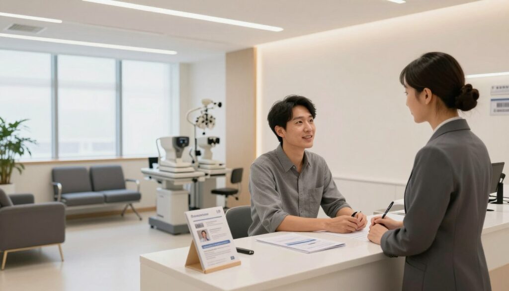 A modern eye correction clinic interior, featuring a sleek reception area with minimalist design elements. In the foreground, a friendly receptionist in professional attire greets a patient, who appears curious and engaged. The middle ground shows a well-organized waiting area with comfortable seating and informative brochures on eye correction services. In the background, several consultation rooms with large windows showcasing natural light, equipped with advanced eye examination equipment like slit lamps and visual field machines. Soft, warm lighting gives a welcoming atmosphere, while the overall design reflects professionalism and innovation in eye care. The image emphasizes a sense of trust and expertise, suitable for a health service setting.