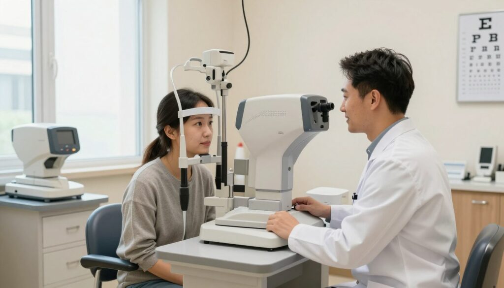 A modern optometry clinic setting, showcasing a step-by-step eye examination process. In the foreground, a friendly optometrist in professional attire is using an advanced vision testing device to examine a patient sitting comfortably in an examination chair. The patient, wearing modest casual clothing, looks relaxed and attentive. In the middle, various optometric equipment, such as a phoropter and visual acuity chart, is visible on a well-organized desk. In the background, soft natural light filters through large windows, illuminating the clean, welcoming space filled with calming colors. The atmosphere conveys professionalism and care, inviting a sense of trust in the examination process.