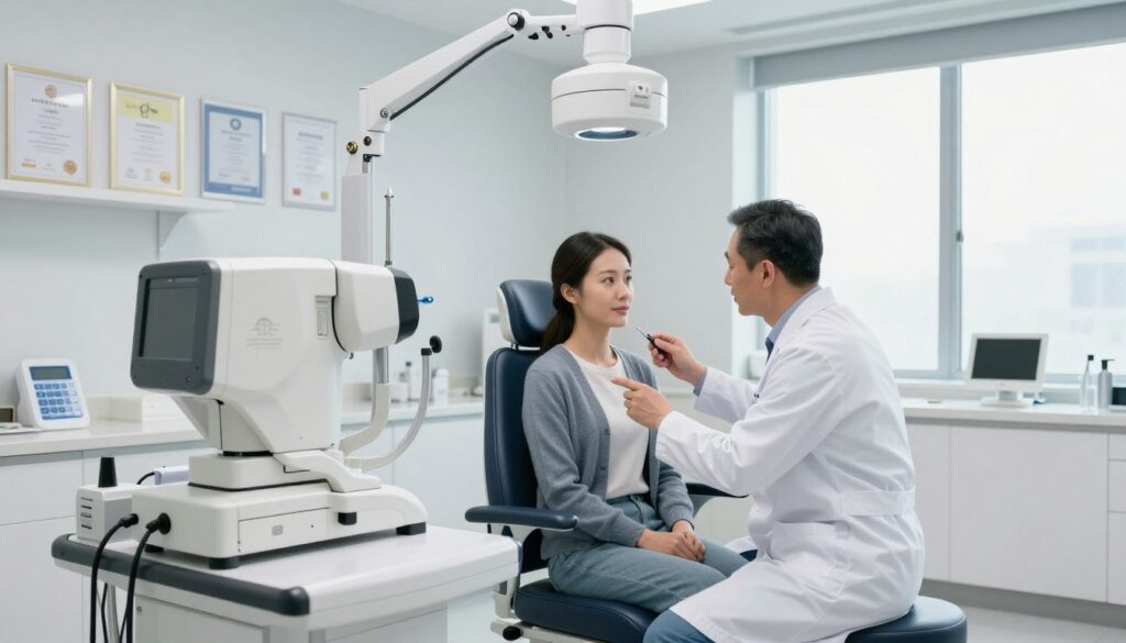 A modern, sterile laser eye surgery clinic interior, featuring advanced equipment like an excimer laser system prominently displayed in the foreground. In the middle, a patient seated in a comfortable chair, wearing professional casual attire, listens attentively to an ophthalmologist in a white coat explaining the procedure. Lighting is bright and clinical, with clear overhead lights illuminating the scene. The background showcases a sleek, minimalist design of the clinic, with certificates on the wall and a large window letting in soft natural light. The atmosphere is calm and professional, emphasizing the importance of eye care and recovery. The focus should be on the interaction between the doctor and the patient, highlighting the sense of trust and professionalism.
