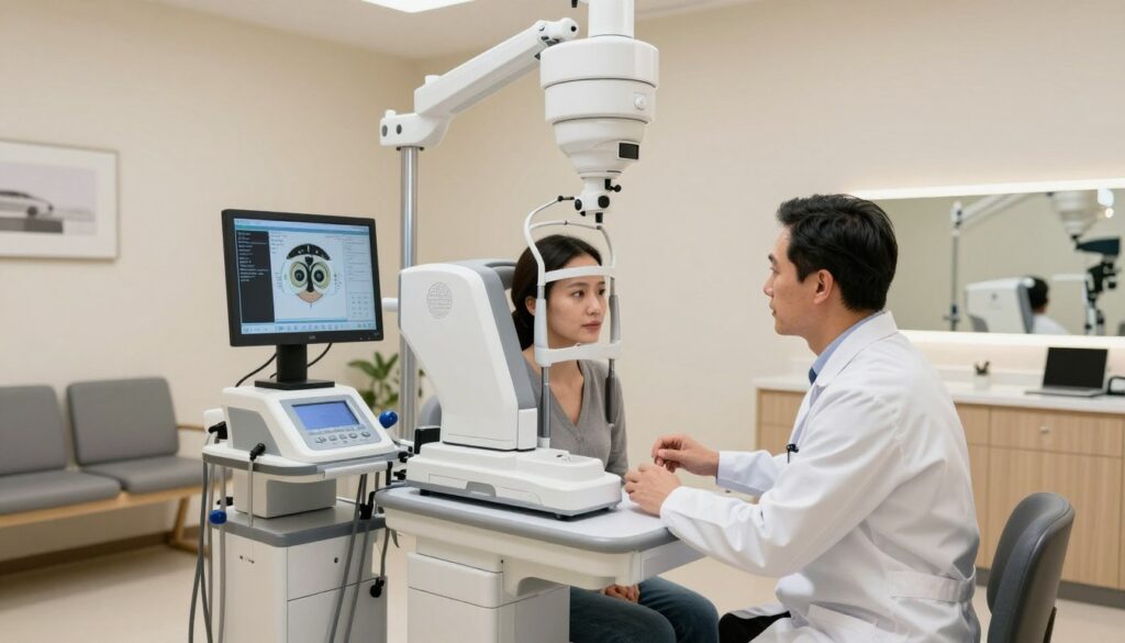 A modern, well-lit medical office setting featuring a state-of-the-art laser eye surgery machine at the center, showcasing intricate technology. In the foreground, a confident, professional ophthalmologist in a white coat examines a patient, who is comfortably seated and engaged in consultation. The middle layer includes advanced surgical equipment and a detailed monitor displaying eye examination data. In the background, a serene, minimalistic waiting area can be seen, with soft lighting and calming colors to evoke a sense of trust and professionalism. The overall atmosphere is one of advanced medical care, innovation, and patient comfort, focusing on laser vision correction.