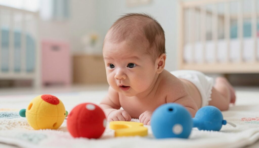 A newborn baby lying on a soft, colorful blanket, gazing curiously at a variety of toys in front of them. The foreground depicts bright, contrasting shapes in bold colors, like red, yellow, and blue, symbolizing how babies perceive colors in their early months. In the middle ground, the baby’s expressive eyes demonstrate wonder, with soft natural light highlighting their features. The background features a soothing, blurred nursery environment, incorporating gentle pastel colors to create a calm atmosphere. The overall composition conveys a sense of exploration and innocence, emphasizing the theme of visual development in infants.