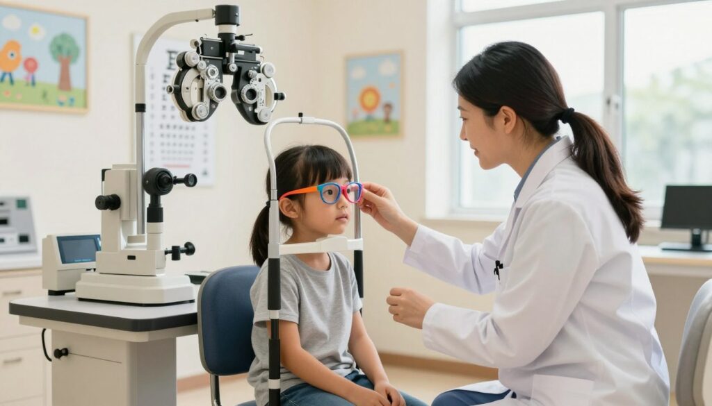 A pediatric eye examination scene inside a modern optometrist office. In the foreground, a caring optometrist wearing professional attire examines a young child, about six years old, who is sitting comfortably in a chair. The child is wearing colorful, child-friendly glasses, looking intently at an eye chart. The middle ground features various pediatric eye examination instruments, like a phoropter and visual acuity charts. The background shows a bright and cheerful room with playful wall art, large windows allowing natural light to flood in, creating a warm atmosphere. The lighting is soft and even, highlighting the friendly interaction between the optometrist and the child, conveying a sense of professionalism and care. A pediatric eye examination scene inside a modern optometrist office. In the foreground, a caring optometrist wearing professional attire examines a young child, about six years old, who is sitting comfortably in a chair. The child is wearing colorful, child-friendly glasses, looking intently at an eye chart. The middle ground features various pediatric eye examination instruments, like a phoropter and visual acuity charts. The background shows a bright and cheerful room with playful wall art, large windows allowing natural light to flood in, creating a warm atmosphere. The lighting is soft and even, highlighting the friendly interaction between the optometrist and the child, conveying a sense of professionalism and care.