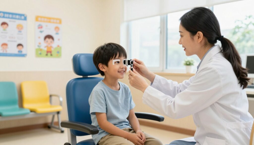 A pediatric eye screening scene in a bright, inviting clinic. In the foreground, a cheerful child, around six years old, wearing modest casual clothing, sits in an examination chair, focused on an eye chart. A friendly, professional optometrist, dressed in white coat, is using an eye-testing device to assess the child's vision. In the middle ground, a colorful waiting area with educational posters about vision care and children's eye health is visible. The background features soft, natural light coming through large windows, enhancing the warm atmosphere. The overall mood is optimistic and engaging, highlighting the importance of vision screening for children. The composition captures both the process and the environment of a pediatric vision assessment. A pediatric eye screening scene in a bright, inviting clinic. In the foreground, a cheerful child, around six years old, wearing modest casual clothing, sits in an examination chair, focused on an eye chart. A friendly, professional optometrist, dressed in white coat, is using an eye-testing device to assess the child's vision. In the middle ground, a colorful waiting area with educational posters about vision care and children's eye health is visible. The background features soft, natural light coming through large windows, enhancing the warm atmosphere. The overall mood is optimistic and engaging, highlighting the importance of vision screening for children. The composition captures both the process and the environment of a pediatric vision assessment.