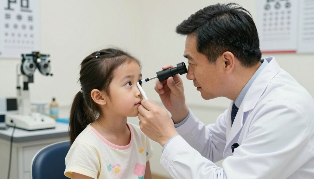 A pediatric ophthalmologist examining a child’s eye during a retinal examination, showcasing the procedure of checking the fundus. The foreground shows the doctor, a middle-aged Asian male in a white lab coat, using an ophthalmoscope to look into the child’s eye. The child, a young Caucasian girl in a modest, colorful t-shirt, is sitting calmly in a chair, her eye dilated from eye drops. In the background, there is a softly lit medical room equipped with a phoropter and eye charts, creating a professional atmosphere. The lighting is bright yet soothing, highlighting the focused expressions of both the doctor and the child, conveying care and professionalism in pediatric eye care. A pediatric ophthalmologist examining a child’s eye during a retinal examination, showcasing the procedure of checking the fundus. The foreground shows the doctor, a middle-aged Asian male in a white lab coat, using an ophthalmoscope to look into the child’s eye. The child, a young Caucasian girl in a modest, colorful t-shirt, is sitting calmly in a chair, her eye dilated from eye drops. In the background, there is a softly lit medical room equipped with a phoropter and eye charts, creating a professional atmosphere. The lighting is bright yet soothing, highlighting the focused expressions of both the doctor and the child, conveying care and professionalism in pediatric eye care.