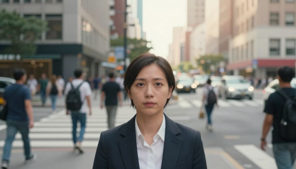 A person in their 30s, wearing professional business attire, stands in a bustling urban street. In the foreground, close-up on their eyes, depicting a blurred view of the world around them, highlighting how individuals with vision impairment perceive their environment. In the middle ground, a busy crosswalk with pedestrians and vehicles, slightly distorted to reflect the individual's perspective. The background includes tall buildings with bright, sunny sky, adding to the vibrant atmosphere. Soft, warm lighting creates a sense of realism and life. The overall mood is one of resilience and adaptation, capturing the everyday challenges faced by those with visual impairments. Focus on clarity and emotion while ensuring a respectful representation. A person in their 30s, wearing professional business attire, stands in a bustling urban street. In the foreground, close-up on their eyes, depicting a blurred view of the world around them, highlighting how individuals with vision impairment perceive their environment. In the middle ground, a busy crosswalk with pedestrians and vehicles, slightly distorted to reflect the individual's perspective. The background includes tall buildings with bright, sunny sky, adding to the vibrant atmosphere. Soft, warm lighting creates a sense of realism and life. The overall mood is one of resilience and adaptation, capturing the everyday challenges faced by those with visual impairments. Focus on clarity and emotion while ensuring a respectful representation.