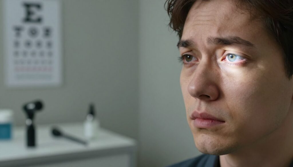 A person sitting in a softly lit medical examination room, looking slightly distressed, with their eyes squinting against a bright light. In the foreground, a close-up of the person's eye reveals a well-detailed iris, showcasing a discomforting reaction to light exposure, signifying "światłowstręt". The middle layer includes subtle medical instruments like an eye chart and an ophthalmoscope on a nearby table, emphasizing the clinical setting. In the background, muted colors and soft focus create an atmosphere of unease and concern, while the light source casts gentle shadows, highlighting the person's facial expression. The overall mood conveys a sense of worry about eye health and medication effects, without any text or additional distractions. A person sitting in a softly lit medical examination room, looking slightly distressed, with their eyes squinting against a bright light. In the foreground, a close-up of the person's eye reveals a well-detailed iris, showcasing a discomforting reaction to light exposure, signifying "światłowstręt". The middle layer includes subtle medical instruments like an eye chart and an ophthalmoscope on a nearby table, emphasizing the clinical setting. In the background, muted colors and soft focus create an atmosphere of unease and concern, while the light source casts gentle shadows, highlighting the person's facial expression. The overall mood conveys a sense of worry about eye health and medication effects, without any text or additional distractions.