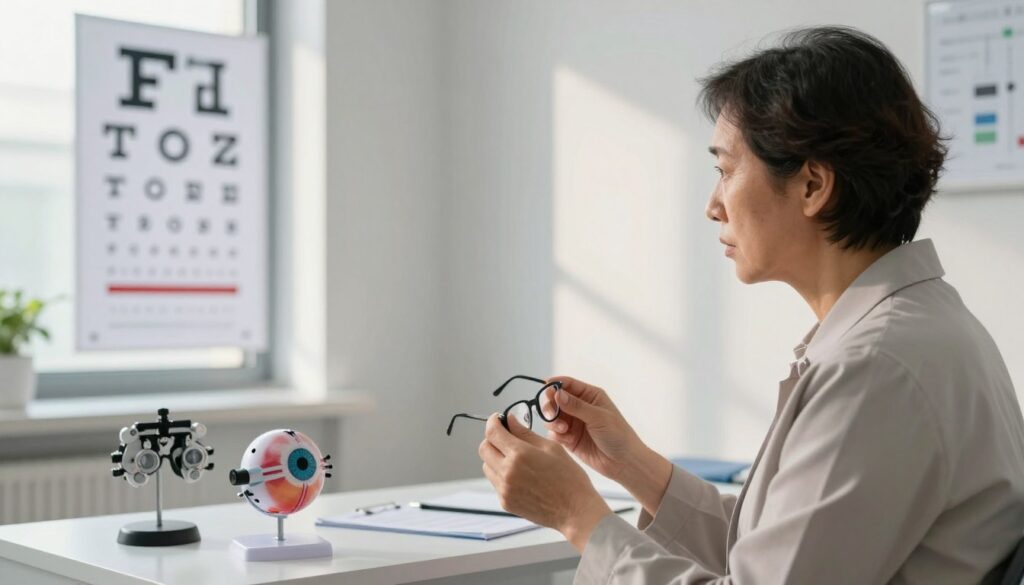 A person standing in a softly lit medical consultation room, peering intently at an eye chart. The foreground features the patient, a middle-aged individual in a professional outfit, showing a concerned expression, clutching their glasses. The middle ground includes an optometrist's desk with various eye care tools and a human eye anatomical model. In the background, large windows provide soft natural light, casting gentle shadows and adding depth to the scene. The atmosphere is tense yet professional, capturing the essence of anxiety and vision difficulties. The image should illustrate the struggle between stress-induced visual disturbances like blurriness and dark spots versus actual eye or neurological disorders, with a clear focus on clarity and realism.