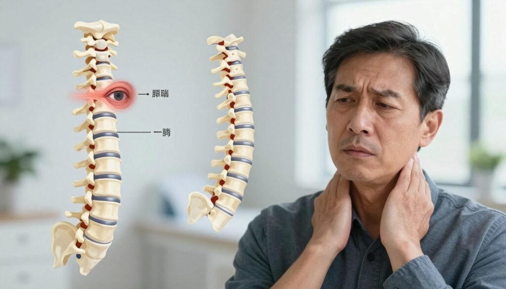A professional medical illustration depicting the connection between cervical lordosis and vision problems. In the foreground, a close-up of a concerned patient, a middle-aged person wearing modest business attire, gently touching their neck, representing discomfort. In the middle ground, a stylized anatomical drawing of the cervical spine and its curves, with visual cues showing the impact on eye health, such as blurred vision and strained eye muscles. The background features a calming yet clinical environment, like a doctor's office, softly lit with natural light filtering through a window, creating an atmosphere of concern and contemplation. The overall mood is informative and serious, focusing on medical insights into the relationship between cervical spine alignment and vision issues.