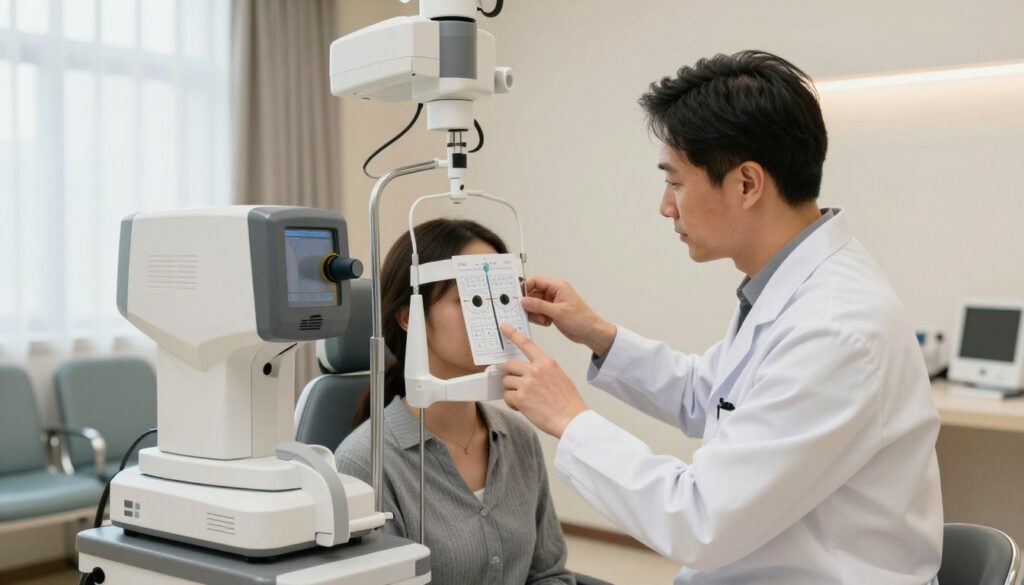 A professional medical setting showcasing laser eye correction in action. In the foreground, a focused ophthalmologist in a white lab coat examines a patient sitting comfortably in an eye examination chair with a modern laser machine beside them. The doctor is gently pointing at a diagnostic chart, highlighting potential side effects. The middle ground features advanced surgical equipment and sterile instruments, contributing to the atmosphere of precision and care. In the background, a serene waiting area is visible, with calm lighting and soothing colors. Soft, natural light filters through large windows, creating a warm, reassuring environment. The image evokes a mood of professionalism, trust, and safety, capturing the essence of discussing the common side effects of laser vision correction while ensuring a clinical yet inviting feel.