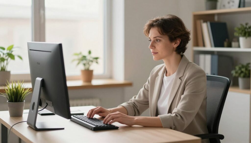 A professional office setting featuring a person of European descent, a man or woman, working diligently at a computer. The foreground includes a sleek desk with a modern computer setup and ergonomic chair, emphasizing a healthy work environment after laser eye surgery. The middle ground reveals a softly lit workspace with potted plants on the desk and bookshelves in the background. Gentle morning light filters through a large window, creating a warm, inviting atmosphere. The subject wears comfortable yet professional attire, appearing focused and relaxed, with gentle expressions to reflect the importance of not straining the eyes. The overall mood is calm and productive, promoting a sense of recovery and readiness to return to work.