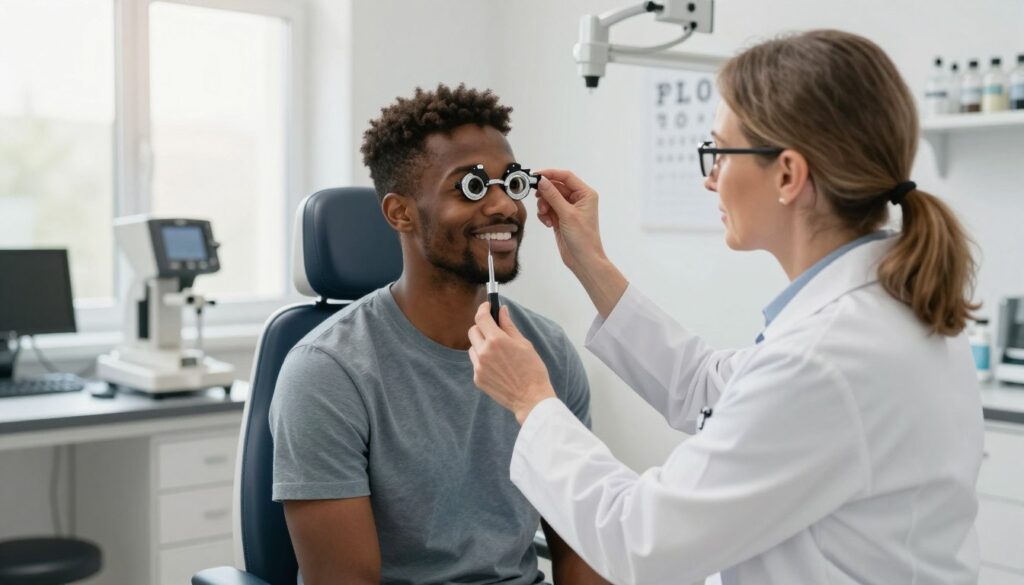 A professional optometrist in a well-lit clinic examining a patient's eyes post-vitrektomia. The foreground shows the optometrist, a middle-aged Caucasian woman in a white lab coat, carefully using an eye chart and retinal examination tools. The middle ground features the patient, a young Black man, sitting in an examination chair, looking hopeful and attentive with his eyes focused forward. In the background, medical equipment and a well-organized, modern clinic environment create a sense of professionalism and comfort. Soft, natural light streams through large windows, casting a warm glow over the scene. The overall atmosphere conveys a sense of optimism and healing, illustrating the journey of recovery in vision restoration.