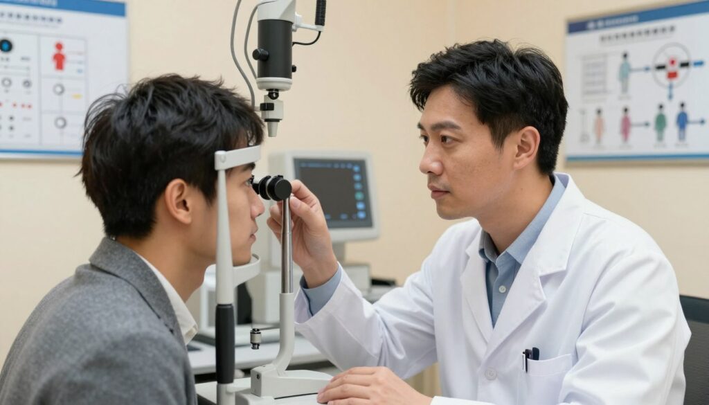 A professional optometrist in a well-lit examination room, focused on a young adult patient wearing business attire as they discuss myopia stabilization options. The foreground shows the optometrist using advanced diagnostic tools, like an eye chart and digital equipment, to assess the patient's eyes. In the middle ground, there are charts and diagrams illustrating the progression of myopia and potential treatment pathways. The background features calming colors, with soft lighting that conveys a reassuring atmosphere. The angle should capture both the optometrist’s focused expression and the patient’s attentive gaze, highlighting a moment of professional guidance and care. The scene evokes a sense of hope and understanding in the journey toward stabilizing short-sightedness.