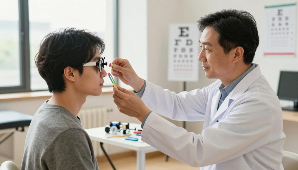 A professional setting depicting a vision therapy session. In the foreground, a specialist, dressed in a smart casual outfit, attentively guides a patient through an eye exercise using colorful visual aids and diagrams. The patient, wearing comfortable clothing, appears focused and engaged. In the middle ground, various tools for vision rehabilitation are visible, such as eye charts and training equipment, arranged neatly on a table. The background features a well-lit therapy room with soft, natural lighting filtering through large windows, creating a warm and inviting atmosphere. The mood is collaborative and supportive, emphasizing the importance of vision rehabilitation and the therapist-patient relationship. A professional setting depicting a vision therapy session. In the foreground, a specialist, dressed in a smart casual outfit, attentively guides a patient through an eye exercise using colorful visual aids and diagrams. The patient, wearing comfortable clothing, appears focused and engaged. In the middle ground, various tools for vision rehabilitation are visible, such as eye charts and training equipment, arranged neatly on a table. The background features a well-lit therapy room with soft, natural lighting filtering through large windows, creating a warm and inviting atmosphere. The mood is collaborative and supportive, emphasizing the importance of vision rehabilitation and the therapist-patient relationship.