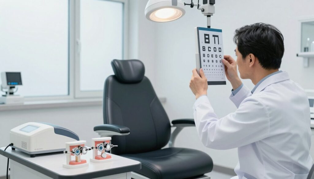 A professional, sterile medical setting showcasing an eye examination room. In the foreground, an ophthalmologist in a white coat examines an eye chart, highlighting the importance of understanding contraindications for laser eye surgery. On a nearby table, various medical tools such as an eye model and a laser treatment device suggest clinical preparation. The middle ground features a sleek examination chair, illuminated by bright, soft lighting, creating a clean and focused atmosphere. In the background, large windows allow natural light to enter, conveying a sense of clarity and safety. The overall mood is serious yet reassuring, emphasizing the critical need for careful evaluation before eye surgery.