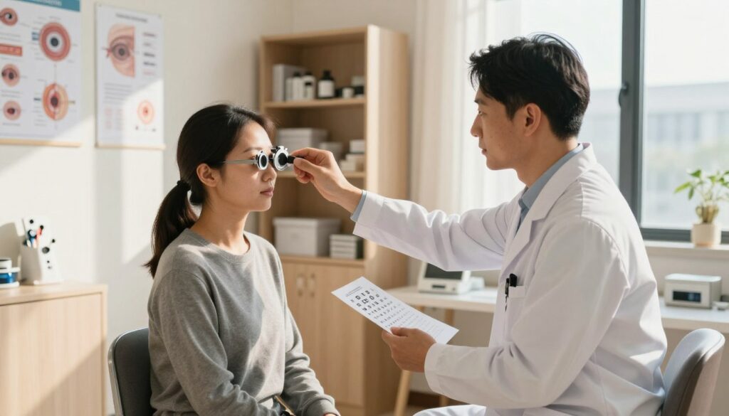 A professional visual representation of a vision rehabilitation session in a clinical setting. In the foreground, a specialist, dressed in a white lab coat, is attentively demonstrating an eye exercise to a patient, who is sitting across from them in a comfortable chair, looking focused and engaged. The specialist holds eye charts and rehabilitation tools in hand. In the middle ground, the room features orderly shelves filled with vision therapy materials and posters on the walls explaining eye anatomy and therapy methods. The background shows a large window allowing natural light to illuminate the space, creating a warm and inviting atmosphere. Soft shadows are cast by the sunlight, enhancing the calmness of the scene. The overall mood is professional yet encouraging, emphasizing the supportive nature of vision rehabilitation therapy. A professional visual representation of a vision rehabilitation session in a clinical setting. In the foreground, a specialist, dressed in a white lab coat, is attentively demonstrating an eye exercise to a patient, who is sitting across from them in a comfortable chair, looking focused and engaged. The specialist holds eye charts and rehabilitation tools in hand. In the middle ground, the room features orderly shelves filled with vision therapy materials and posters on the walls explaining eye anatomy and therapy methods. The background shows a large window allowing natural light to illuminate the space, creating a warm and inviting atmosphere. Soft shadows are cast by the sunlight, enhancing the calmness of the scene. The overall mood is professional yet encouraging, emphasizing the supportive nature of vision rehabilitation therapy.