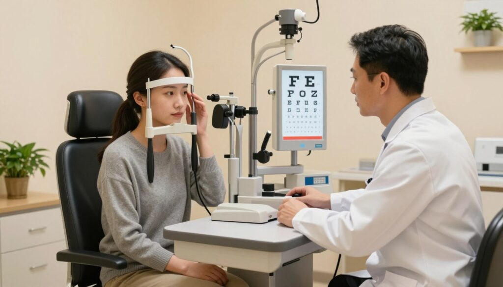 A serene and cozy optometry clinic scene, focusing on a modern eye examination room. In the foreground, a professional optometrist, wearing a white lab coat, examines a patient sitting comfortably in an ergonomic chair. The patient, dressed in casual business attire, looks relaxed and attentive, emphasizing the consultation's friendly atmosphere. In the middle ground, medical equipment, such as an eye chart and a phoropter, is well-organized and neatly positioned. The background features soft, warm lighting that creates a calming ambiance, with potted plants to add a touch of nature. The overall mood is one of care and professionalism, illustrating the importance of eye health in alleviating tension headaches.