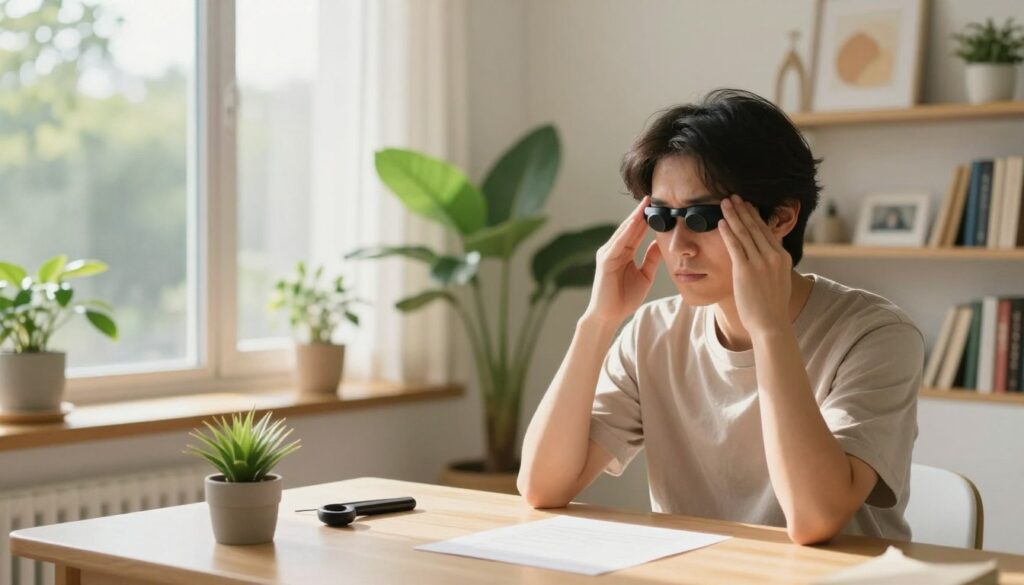 A serene and inviting space where a person is practicing vision support techniques while undergoing treatment for depression. In the foreground, a person in modest casual clothing sits at a light-filled table, gently massaging their temples and using a vision training tool, surrounded by soft, warm colors. In the middle, a window shows glimpses of nature outside, with sunlight streaming in, enhancing the calm atmosphere. Lush green plants are placed strategically to add freshness. In the background, shelves filled with self-help books and calming artwork evoke a sense of hope and healing. The lighting is soft and diffused, creating a peaceful, therapeutic mood. The image conveys warmth, support, and focus on mental wellness through vision care, emphasizing the connection between emotional health and sight. A serene and inviting space where a person is practicing vision support techniques while undergoing treatment for depression. In the foreground, a person in modest casual clothing sits at a light-filled table, gently massaging their temples and using a vision training tool, surrounded by soft, warm colors. In the middle, a window shows glimpses of nature outside, with sunlight streaming in, enhancing the calm atmosphere. Lush green plants are placed strategically to add freshness. In the background, shelves filled with self-help books and calming artwork evoke a sense of hope and healing. The lighting is soft and diffused, creating a peaceful, therapeutic mood. The image conveys warmth, support, and focus on mental wellness through vision care, emphasizing the connection between emotional health and sight.