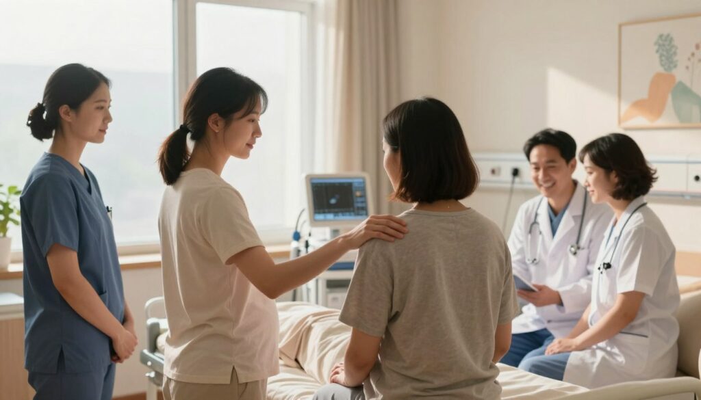 A serene and professional birthing room filled with soft, natural light filtering through large windows, casting gentle shadows. In the foreground, a diverse group of healthcare professionals, including a midwife and an obstetrician, are assisting a birthing person in modest casual clothing, displaying calm focus and support. The midwife is holding a reassuring hand on the birthing person's shoulder, while the obstetrician monitors the situation with a caring smile. In the background, medical equipment is subtly arranged, and soothing art adorns the walls, creating a peaceful atmosphere. The warm color palette enhances the sense of safety and trust, capturing an empowering moment of natural childbirth.