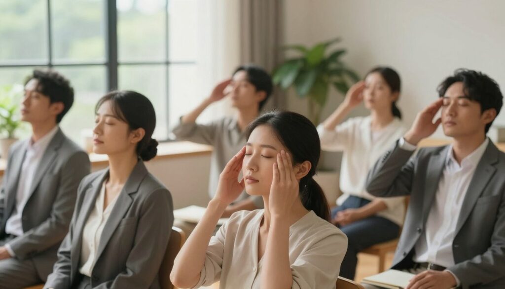A serene indoor setting focused on eye exercises. In the foreground, a diverse group of individuals in professional business attire or modest casual clothing, engaging in various eye relaxation exercises. One person is gently massaging their temples, another is stretching their eyes by looking up and down, while a third focuses on a distant point to promote eye strain relief. In the middle ground, a large window allows soft, natural light to stream in, creating a calm atmosphere. The background showcases a peaceful room with plants and calming colors, enhancing the mood of tranquility and wellness. Use soft lighting with a warm tone to evoke a sense of relaxation and focus on the health benefits of eye exercises. A serene indoor setting focused on eye exercises. In the foreground, a diverse group of individuals in professional business attire or modest casual clothing, engaging in various eye relaxation exercises. One person is gently massaging their temples, another is stretching their eyes by looking up and down, while a third focuses on a distant point to promote eye strain relief. In the middle ground, a large window allows soft, natural light to stream in, creating a calm atmosphere. The background showcases a peaceful room with plants and calming colors, enhancing the mood of tranquility and wellness. Use soft lighting with a warm tone to evoke a sense of relaxation and focus on the health benefits of eye exercises.
