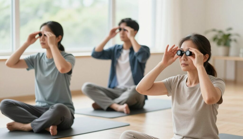 A serene indoor setting where a diverse group of three people are practicing eye exercises, emphasizing a safe and effective approach to improving vision. In the foreground, a middle-aged woman wearing modest casual clothing sits on a yoga mat, focusing on a visual training tool while demonstrating an eye exercise. In the middle, a young man, dressed in business casual attire, performs gentle eye movements, showing concentration. In the background, a bright and airy window allows natural light to flood the room, accentuating a calming atmosphere with soft greenery outside. The angle captures the participants from slightly above, creating a sense of engagement and tranquility. The overall mood is peaceful and focused, promoting the idea of integrating eye exercises seamlessly into daily routines. A serene indoor setting where a diverse group of three people are practicing eye exercises, emphasizing a safe and effective approach to improving vision. In the foreground, a middle-aged woman wearing modest casual clothing sits on a yoga mat, focusing on a visual training tool while demonstrating an eye exercise. In the middle, a young man, dressed in business casual attire, performs gentle eye movements, showing concentration. In the background, a bright and airy window allows natural light to flood the room, accentuating a calming atmosphere with soft greenery outside. The angle captures the participants from slightly above, creating a sense of engagement and tranquility. The overall mood is peaceful and focused, promoting the idea of integrating eye exercises seamlessly into daily routines.