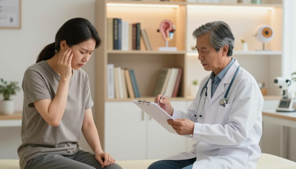 A serene medical setting, focusing on a patient in a softly lit examination room. In the foreground, a middle-aged person, dressed in professional casual attire, sits on an examination table looking concerned, gently holding their head with one hand, conveying the burden of tinnitus and vision problems. In the middle ground, a doctor in a white coat is attentively reaching for a medical chart, symbolizing a thorough examination. Behind them, shelves filled with medical books and an anatomical model of the ear and eye, creating a calm, educational atmosphere. The lighting is warm, emanating from overhead, creating a sense of hope and healing amidst challenges. The image evokes a contemplative mood, emphasizing the connection between auditory and visual health.