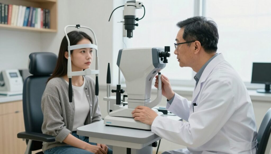 A serene ophthalmology clinic interior, showcasing a professional eye doctor examining a patient with myopia using advanced eye examination equipment. The foreground features the doctor, a middle-aged individual dressed in a white lab coat and glasses, focusing intently on a diagnostic tool. In the middle ground, the patient, a young adult in modest casual clothing, sits comfortably on an examination chair, looking at the doctor's instructions with curiosity. The background includes shelves of medical books and high-tech machines, emphasizing a clean and modern environment. Soft, natural lighting filters through large windows, creating a calm and hopeful atmosphere. The image conveys the potential for recovery and the pursuit of vision improvement, without any text or distractions.