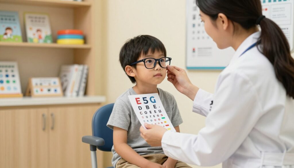 A serene pediatric eye examination room, focused on a young child seated comfortably in a chair, wearing stylish yet modest eyeglasses. A healthcare professional, dressed in a white coat, kneels beside the child, holding a colorful eye chart designed for children. Gentle, warm lighting illuminates the room, creating a calm atmosphere. In the background, shelves filled with educational tools and eye care literature can be seen, emphasizing the theme of vision improvement. The scene is framed through a medium close-up angle, highlighting the expressions of curiosity and focus on the child's face. The overall mood is encouraging and hopeful, reflecting the possibility of improving vision in children through proper care and guidance.