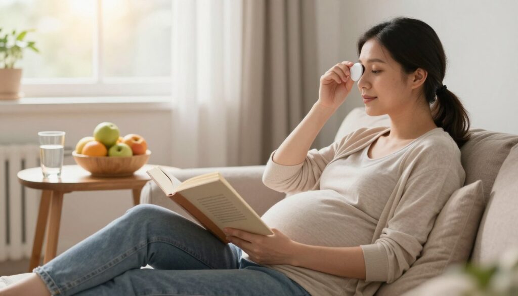 A serene scene depicting a pregnant woman in a cozy home environment, practicing eye care and wellness activities. In the foreground, she is seated comfortably on a couch with soft cushions, wearing stylish casual clothing, reading a book about eye health. The middle layer features a small wooden table with natural lighting illuminating a bowl of fresh fruits and a glass of water, symbolizing hydration and nutrition. In the background, a window shows gentle sunlight filtering through sheer curtains, creating a warm and inviting atmosphere. The overall mood is calm and nurturing, highlighting the importance of eye care during pregnancy. Use soft, natural colors and a soft-focus lens effect to evoke a peaceful ambiance.