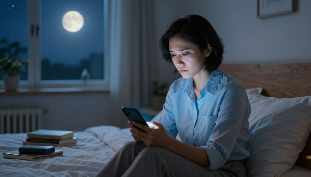 A serene, softly lit bedroom scene at twilight, depicting a person in professional casual attire seated on the edge of their bed, gazing thoughtfully at a smartphone displaying bright blue light. The individual has subtle lines of fatigue around their eyes and a focused expression, highlighting the strain of late-night screen time. In the background, a window shows a peaceful night sky, hinting at the importance of sleep, with a softly glowing moon and stars. Surrounding the bed are books on sleep hygiene and digital devices, scattered yet organized, evoking a balance between technology and rest. The overall mood is reflective, urging viewers to consider the impact of poor sleep habits on eye health, with gentle lighting enhancing a calm, introspective atmosphere. A serene, softly lit bedroom scene at twilight, depicting a person in professional casual attire seated on the edge of their bed, gazing thoughtfully at a smartphone displaying bright blue light. The individual has subtle lines of fatigue around their eyes and a focused expression, highlighting the strain of late-night screen time. In the background, a window shows a peaceful night sky, hinting at the importance of sleep, with a softly glowing moon and stars. Surrounding the bed are books on sleep hygiene and digital devices, scattered yet organized, evoking a balance between technology and rest. The overall mood is reflective, urging viewers to consider the impact of poor sleep habits on eye health, with gentle lighting enhancing a calm, introspective atmosphere.