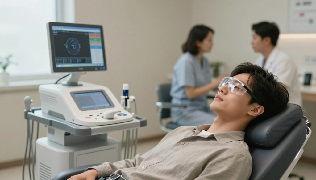 A serene, softly lit clinic room focused on a patient resting comfortably after laser eye surgery. In the foreground, a young adult in professional casual attire, wearing clear protective eyewear, appears to be relaxing in a reclining chair, with a look of calmness and hope on their face. The middle layer features a sleek medical equipment setup, including a laser eye surgery machine and a monitor displaying reassuring information. In the background, muted colors create a tranquil atmosphere, with medical staff engaged in quiet conversation and soft ambient light filtering in through a window. The scene radiates a sense of cautious optimism, emphasizing the importance of following post-operative guidelines. The overall mood is peaceful and reassuring, capturing the essence of care and recovery. A serene, softly lit clinic room focused on a patient resting comfortably after laser eye surgery. In the foreground, a young adult in professional casual attire, wearing clear protective eyewear, appears to be relaxing in a reclining chair, with a look of calmness and hope on their face. The middle layer features a sleek medical equipment setup, including a laser eye surgery machine and a monitor displaying reassuring information. In the background, muted colors create a tranquil atmosphere, with medical staff engaged in quiet conversation and soft ambient light filtering in through a window. The scene radiates a sense of cautious optimism, emphasizing the importance of following post-operative guidelines. The overall mood is peaceful and reassuring, capturing the essence of care and recovery.