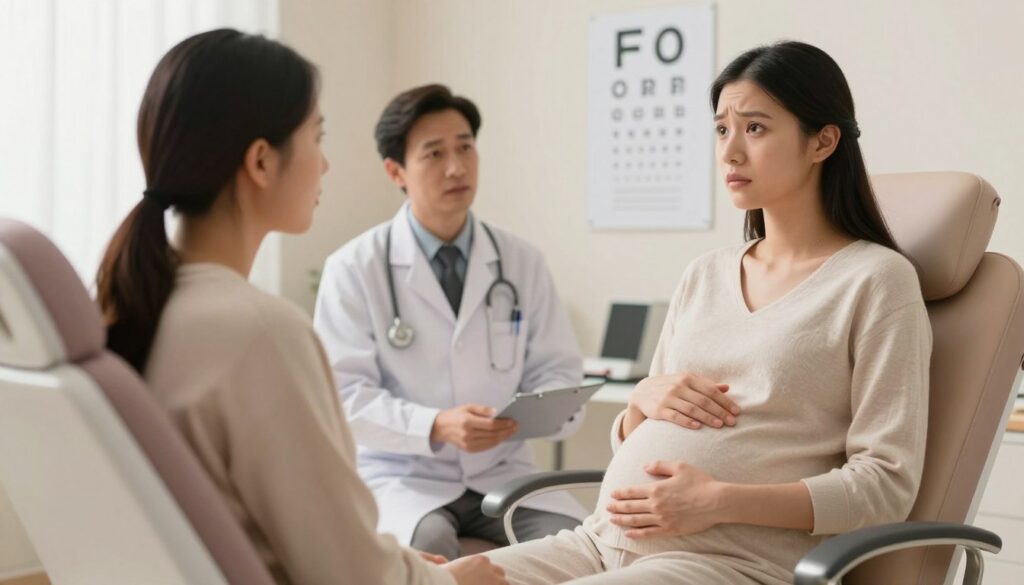 A serene, softly lit doctor's office scene depicting a pregnant woman in a modest, comfortable outfit, sitting in an examination chair. Her expression reflects mild concern as she gazes at an eye chart on the wall, signifying vision changes. In the foreground, a close-up of her hands gently resting on her belly, illustrating the connection between pregnancy and health. In the middle background, a doctor, dressed in professional attire, observes her, ready to provide reassurance and guidance. The room features warm lighting and subtle pastel colors, creating a calm and supportive atmosphere, conveying the temporary nature of eye issues during pregnancy, with an emphasis on care and professional attention.