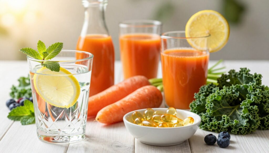 A serene still life composition emphasizing eye hydration, featuring a variety of beverages known to support vision health. In the foreground, include a crystal clear glass of water garnished with a slice of lemon and mint leaves, reflecting light to create a refreshing effect. In the middle ground, display a vibrant mix of juices made from carrots, kale, and berries, arranged artistically. A small bowl of fish rich in omega-3 oils and a handful of dark leafy greens can be placed nearby, hinting at their nutritional benefits. The background should be softly blurred with warm, natural sunlight streaming in, creating an inviting and healthy atmosphere. Focus on sharp details, bright colors, and a harmonious balance to evoke a sense of wellness and vitality.