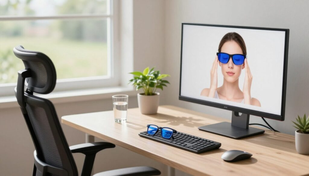 A serene workspace set up to promote eye comfort and care. In the foreground, a stylish ergonomic chair is positioned at a sleek desk with a high-resolution monitor displaying eye relaxation exercises. A pair of blue-light blocking glasses rests on the keyboard. In the middle ground, a small plant and a glass of water are placed on the desk, symbolizing hydration. Natural light streams through a window, illuminating the space, creating a calm atmosphere. In the background, a soft, blurred scene of a peaceful outdoor view can be seen through the window, enhancing the sense of tranquility. The overall mood is restful and inviting, perfectly suited to support eye health and well-being. A serene workspace set up to promote eye comfort and care. In the foreground, a stylish ergonomic chair is positioned at a sleek desk with a high-resolution monitor displaying eye relaxation exercises. A pair of blue-light blocking glasses rests on the keyboard. In the middle ground, a small plant and a glass of water are placed on the desk, symbolizing hydration. Natural light streams through a window, illuminating the space, creating a calm atmosphere. In the background, a soft, blurred scene of a peaceful outdoor view can be seen through the window, enhancing the sense of tranquility. The overall mood is restful and inviting, perfectly suited to support eye health and well-being.