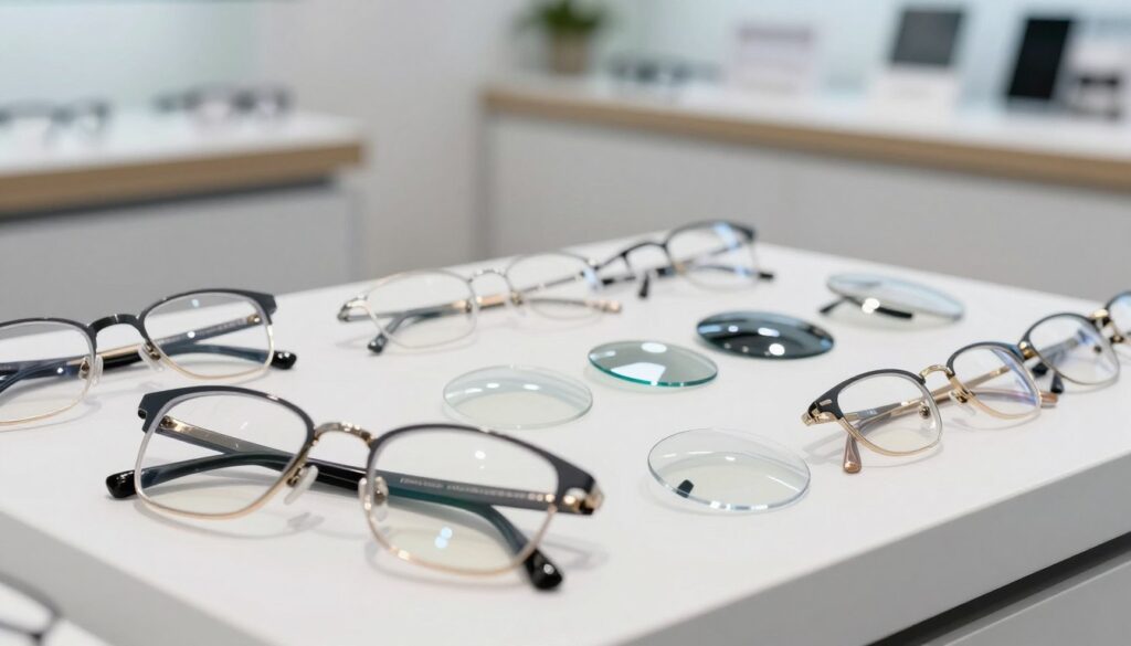 A sleek, modern optical lens index display featuring various thin and lightweight lenses arranged neatly on a professional-looking table. In the foreground, a pair of stylish eyeglass frames with lightweight lenses is showcased, emphasizing their elegance. The middle ground includes a close-up of several different lens materials and thicknesses, highlighting their unique properties and textures. The background consists of a softly blurred, bright optical shop with clear lighting that enhances the transparency and details of the lenses. The overall mood is informative and sophisticated, conveying a sense of professionalism and clarity, suitable for an article discussing eyewear choices. The image should be free of any text or watermarks.