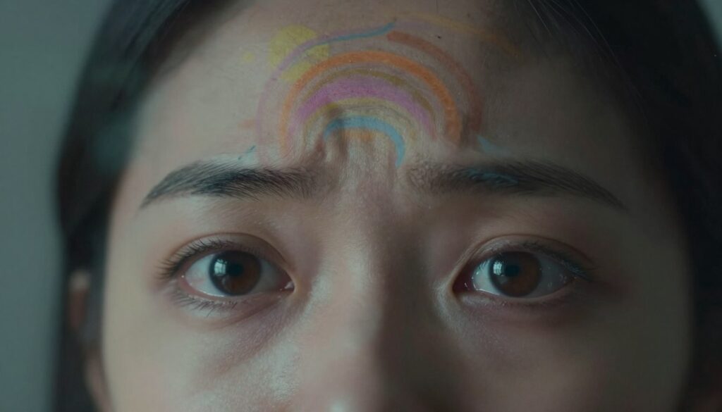 A surreal representation of vision disturbances caused by anxiety and stress. In the foreground, a pair of eyes gazes expressively, reflecting a sense of tension and confusion, with flickering light patterns suggesting visual disturbances like blurriness and floaters. In the middle ground, an abstract depiction of swirling colors and shapes conveys chaos and pressure, symbolizing the overwhelming sensations related to anxiety. The background features a dimly lit, shadowy environment with soft, diffuse lighting to create a moody atmosphere, evoking feelings of unease. The scene is captured from a slight upward angle to emphasize the emotional weight of the subject, blending realism with surrealism, focusing strictly on visual interpretation without human figures or text.