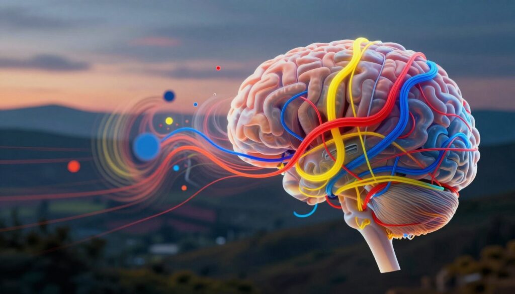 A surrealist depiction of the human brain processing a variety of visual stimuli, demonstrating how it "builds" images from sensory input. In the foreground, a translucent brain is interconnected with vibrant threads of colors representing different visual elements—reds for motion, blues for depth, and yellows for brightness. In the middle ground, a dynamic scene unfolds with abstract shapes and patterns symbolizing movement and visual interpretation, swirling and merging. The background features a soft-focus landscape, hinting at depth with layers of distant hills and a gradient sky. Use dramatic lighting to create an ethereal glow that emphasizes the interplay of colors and forms, evoking a sense of wonder and exploration of vision. The overall mood should be intellectually stimulating yet calming, inviting viewers to contemplate the complexities of sight.