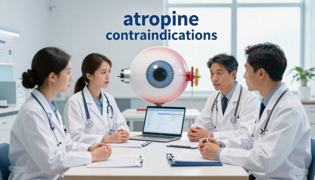 A thoughtful illustration depicting the concept of "atropine contraindications" in a medical context. In the foreground, a diverse group of four professionals, dressed in lab coats, engaged in a discussion around a table filled with medical charts and a laptop displaying data. In the middle ground, a large anatomical model of an eye, symbolizing vision safety, is prominently displayed. The background showcases a well-equipped medical office environment, with soft lighting that creates a calm and informative atmosphere. A large window lets in natural light, enhancing the sense of transparency and vigilance about patient safety. The composition captures a serious yet collaborative mood, emphasizing the significance of precautions related to atropine use without any text or distraction. A thoughtful illustration depicting the concept of "atropine contraindications" in a medical context. In the foreground, a diverse group of four professionals, dressed in lab coats, engaged in a discussion around a table filled with medical charts and a laptop displaying data. In the middle ground, a large anatomical model of an eye, symbolizing vision safety, is prominently displayed. The background showcases a well-equipped medical office environment, with soft lighting that creates a calm and informative atmosphere. A large window lets in natural light, enhancing the sense of transparency and vigilance about patient safety. The composition captures a serious yet collaborative mood, emphasizing the significance of precautions related to atropine use without any text or distraction.