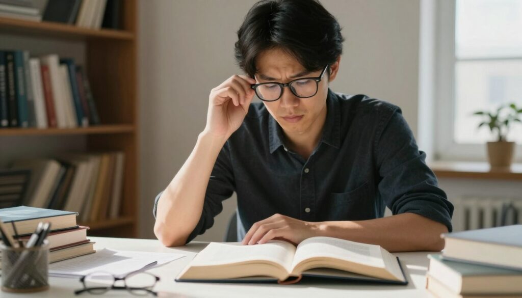 A thoughtful individual wearing reading glasses, sitting at a modern desk cluttered with books and notes. The foreground features their hands resting on an open book, with one hand thoughtfully adjusting the glasses. The middle layer shows their focused expression, revealing signs of mild strain or discomfort. Soft, natural light streams in from a nearby window, casting gentle shadows and creating a warm atmosphere. The background hints at a cozy, well-lit room filled with bookshelves, adding to the context of reading. The overall mood is contemplative, inviting viewers to reflect on the effects of prolonged reading with glasses.