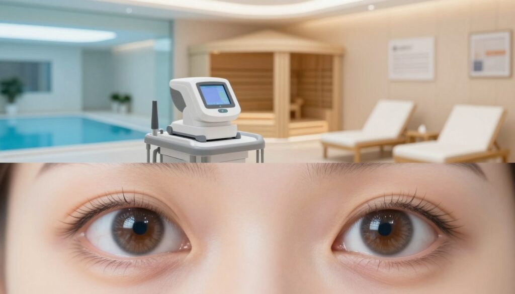 A tranquil and serene indoor environment focused on the theme of eye care. In the foreground, a close-up of a pair of stylized, healthy human eyes, showcasing shiny, clear corneas with a soft light reflection, highlighting their natural beauty. In the middle, a subtle depiction of a modern eye clinic setting, featuring sleek equipment and calming colors (soft blues and whites). In the background, blurred images of a swimming pool, sauna, and a sunbed, indicating restrictions on exposure. Warm, soft lighting enhances the peaceful atmosphere, creating a sense of safety and care. The overall mood is reassuring and educational, emphasizing long-term protection of the corneas post-laser eye surgery. A tranquil and serene indoor environment focused on the theme of eye care. In the foreground, a close-up of a pair of stylized, healthy human eyes, showcasing shiny, clear corneas with a soft light reflection, highlighting their natural beauty. In the middle, a subtle depiction of a modern eye clinic setting, featuring sleek equipment and calming colors (soft blues and whites). In the background, blurred images of a swimming pool, sauna, and a sunbed, indicating restrictions on exposure. Warm, soft lighting enhances the peaceful atmosphere, creating a sense of safety and care. The overall mood is reassuring and educational, emphasizing long-term protection of the corneas post-laser eye surgery.