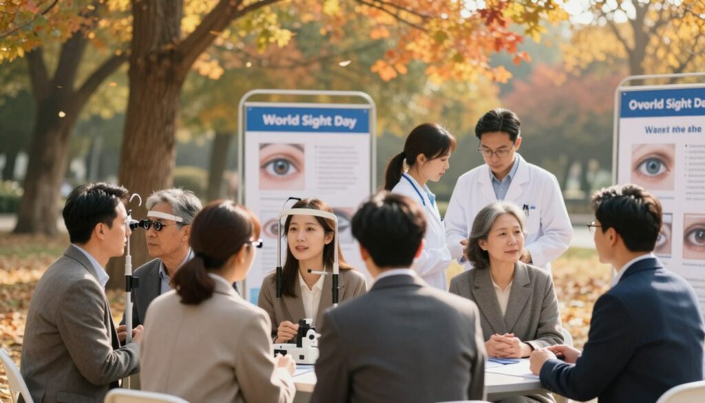 A tranquil scene depicting the second Thursday of October, emphasizing World Sight Day. In the foreground, a diverse group of people, including men and women of various ages, wearing professional business attire, are gathered around an eye care booth, engaging in eye examinations. In the middle ground, an informative display with eye health posters and charts is showcased, alongside medical professionals assisting attendees. The background features a soft, autumnal park setting with colorful leaves falling from the trees, hinting at the October season. The lighting is warm and inviting, with soft sunlight filtering through the trees, creating a hopeful and educational mood. Use a shallow depth of field to focus on the interacting figures while gently blurring the background.